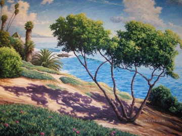風景 Painting - ビーチの木々や花
